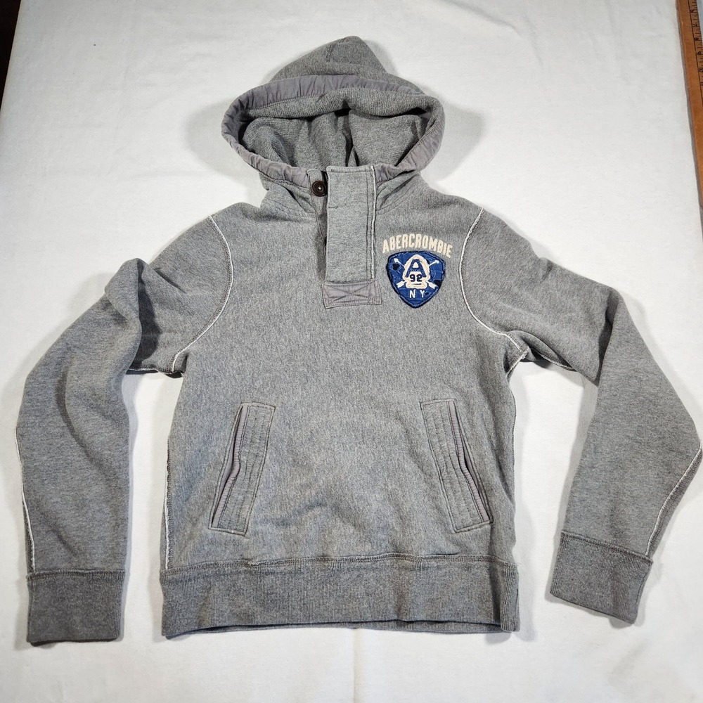 Y2K Abercrombie & Fitch Muscle Hoodie Gray Logo Patch Sweatshirt Pullover Mens S